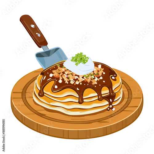 Fluffy pancakes with syrup and chocolate for sweet morning breakfast and bakery shop dessert menu design - Vector Illustration