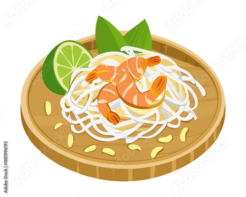 Healthy pad thai noodle salad with shrimp and greens for traditional asian restaurant food menu design - Vector Illustration