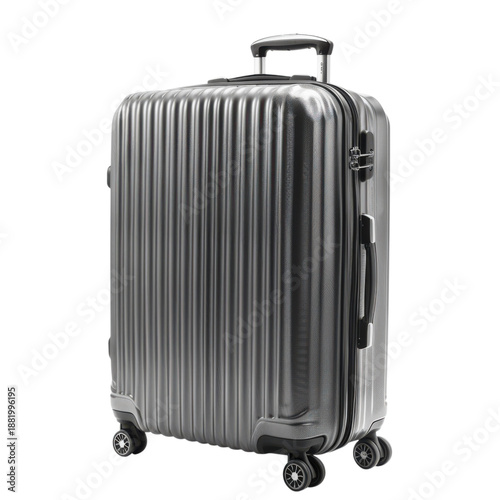 Silver hard shell rolling suitcase with four wheels and telescopic handle isolated on Transparent Background