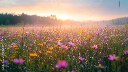 The freshness of morning dew on a field of wildflowers sparkles brightly under the first light of day in a serene landscape