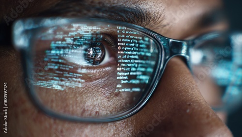 Close up of a person wearing glasses with code reflected in the lens.