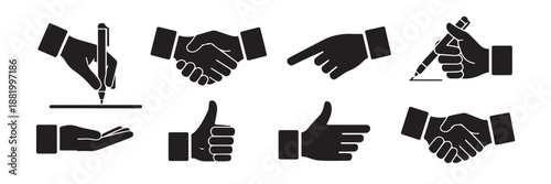 Business hand icons set including handshake and signing documents with pen plus pointing finger along with thumbs up and open palm symbols on transparent background for corporate agreement design