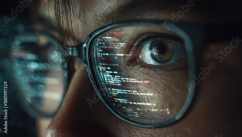 Close up of a person wearing glasses with computer code reflected in the lenses.
