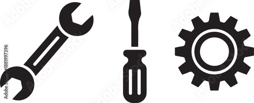 Tools and Service icons set. Wrench, screwdriver and gear icon. Screwdriver and wrench glyph icon. Settings and repair, service . silhouette vector illustration with white background.