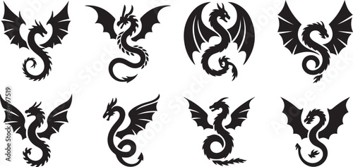Tools Dragon Crest Wings great set collection, dragon tattoo designs silhouette vector illustration with white background.