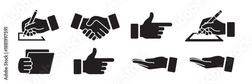 Collection of simple black icons illustrating various hand signs for pointing writing agreement and holding objects on transparent background