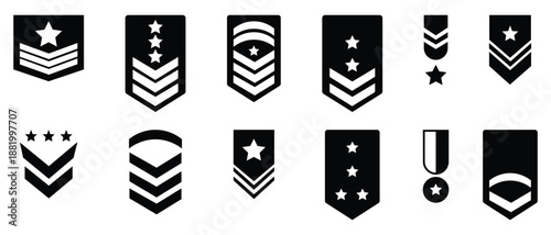 Collection of soldier sergeant icons. Containing as major, officer, military stripes, emblems, lieutenant, soldier sergeant, colonel emblem and more. Military rank badge icon of black silhouettes.