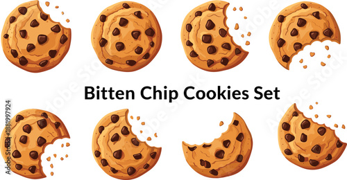  Bitten chocolate chip cookies with various bite marks, crunchy texture, scattered crumbs, isolated snack icons for design use