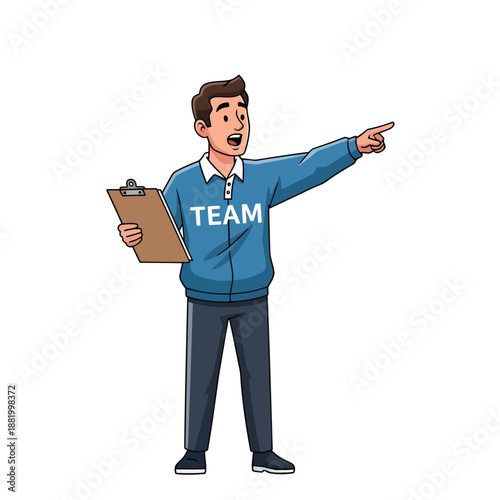 Confident young man pointing forward with clipboard in hand