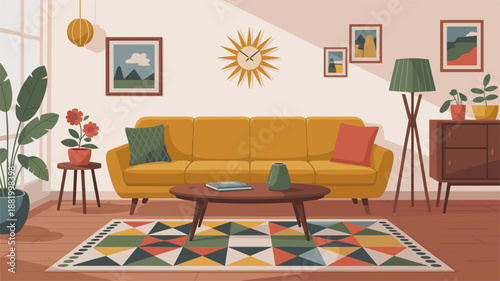 Flat vector illustration of a mid century modern living room with a mustard sofa, wooden coffee table, geometric rug, and sunburst wall clock.