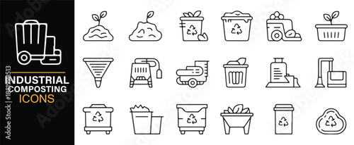 Industrial composting icon set in editable outline vector style