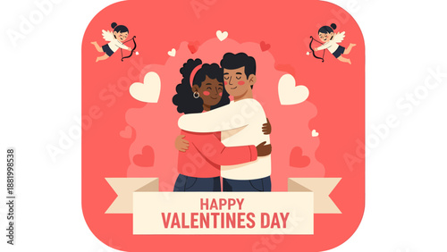 Happy Valentines Day couple hugging with cute cupids and hearts