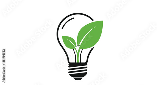 Green energy and innovation concept featuring a light bulb with a green sprout and leaves growing inside it for creative ideas.
