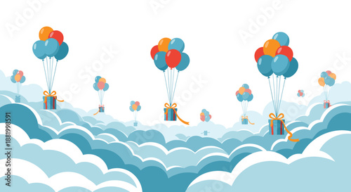 Festive scene with numerous colorful gift boxes floating among fluffy white clouds attached to bunches of bright balloons in sky.