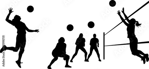 Black silhouette illustration of 6 volleyball players in dynamic poses with net and airborne balls, symbolizing team sport action