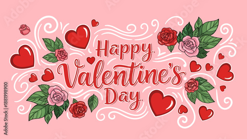 Happy Valentine's Day celebration with hearts and roses on pink background