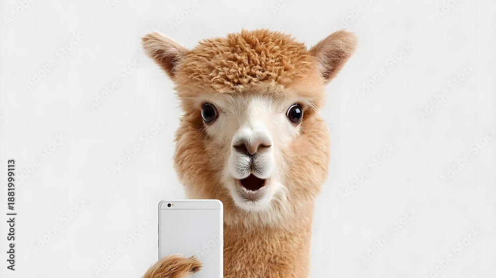 Fototapeta premium Close up studio portrait of an expressive alpaca with wide eyes and an open mouth holding a modern mobile phone as if surprised or engaged by its content against a clean isolated white backdrop