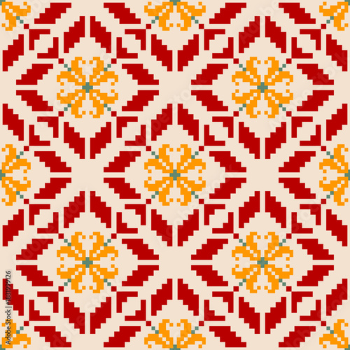 Seamless geometric pattern . pixel pattern. Design for clothing fabric textile ornamentation embroidery Hand stitched pattern . cultural stitching pixel art , Cross stitch pattern