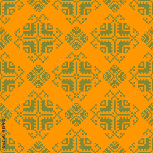 Seamless geometric pattern . pixel pattern. Design for clothing fabric textile ornamentation embroidery Hand stitched pattern . cultural stitching pixel art , Cross stitch pattern
