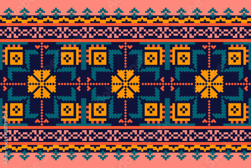 Seamless geometric pattern . pixel pattern. Design for clothing fabric textile ornamentation embroidery Hand stitched pattern . cultural stitching pixel art , Cross stitch pattern