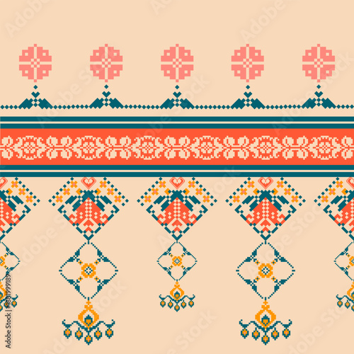 Seamless geometric pattern . pixel pattern. Design for clothing fabric textile ornamentation embroidery Hand stitched pattern . cultural stitching pixel art , Cross stitch pattern