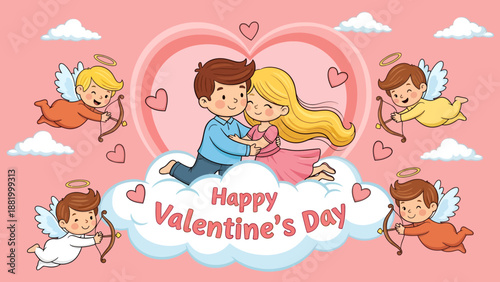 Happy couple embracing on Valentine's Day with cherubs and hearts