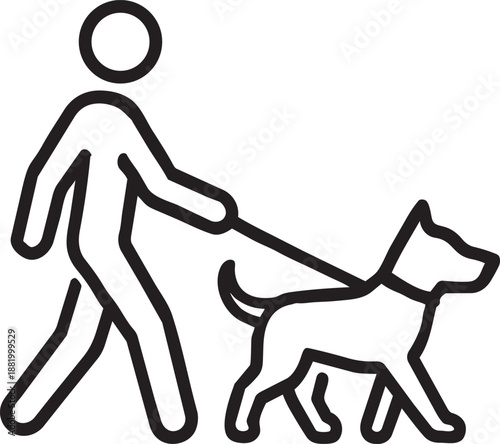 Person walking dog on leash line icon for outdoor activity and pet exercise