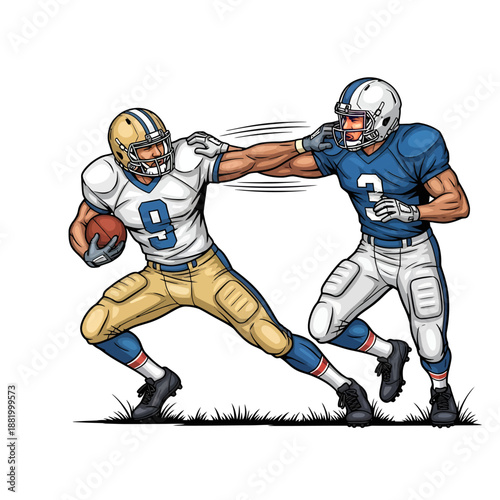 Two football players competing intensely on the field with action