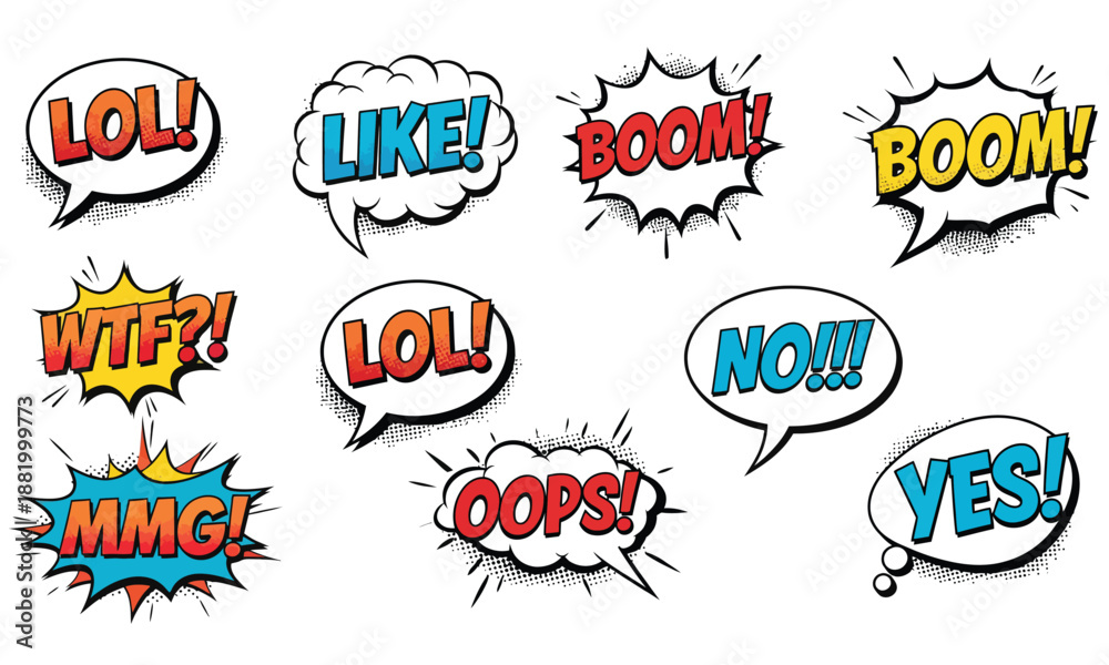 Obraz premium Pop Art Comic Speech Bubble and Sticker Set. Colorful Collection of Cartoon Slang and Sound Effects like LOL, Boom, Oops, and YES. Flat Vector Illustration on White.