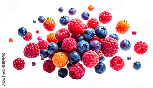Explosion of Fresh Mixed Berries Isolated on White Background – Levitating Raspberries, Blueberries, and Strawberries, PNG Cutout