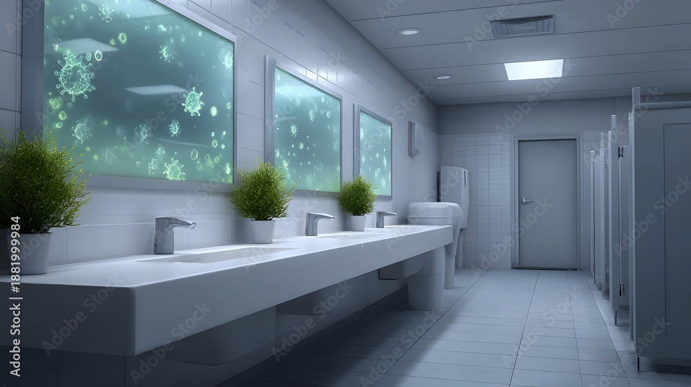 Fototapeta premium A contemporary public bathroom features a long sink counter with faucets plants and mirrors displaying viral imagery conveying a message about health and cleanliness