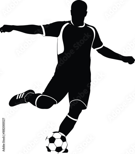 Black silhouette of soccer player in action pose kicking ball, wearing cleats and uniform, symbolizing energy and motion