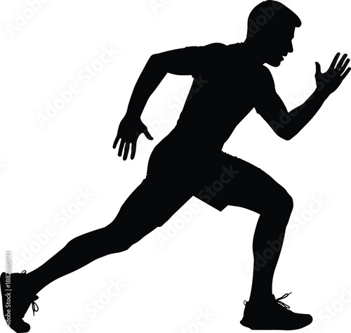 Black silhouette of sprinter in mid-stride with bent arms and wide legs, symbolizing speed, motion, and athleticism