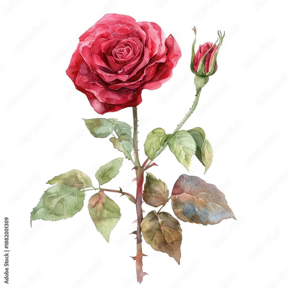 Fototapeta premium Beautiful red rose with green leaves and a budding flower in a delicate watercolor illustration