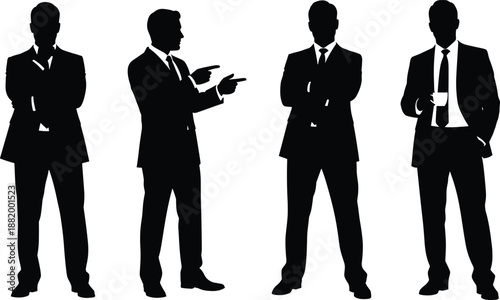 Black silhouette set of 4 businessmen in suits with varied poses including pointing, crossed arms, cup, and pockets