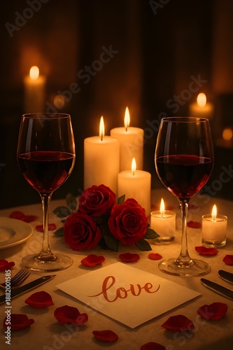 Romantic candlelight dinner setting with red wine, roses, and a heartfelt 'love' note