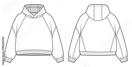 Cropped Raglan Hoodie Technical Fashion Illustration. Minimal Hooded Sweatshirt with Raglan Sleeves, Rib Knit Cuffs and Hem. Front and Back Views. Unisex Streetwear. CAD Mockup Set.