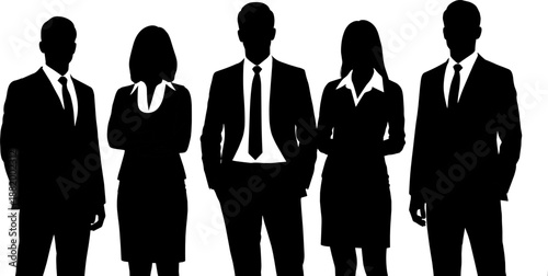 Black silhouette set of 5 business professionals in suits including men and women standing side by side formally