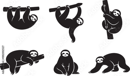 Sloth silhouette slow movement pose set black and white line art