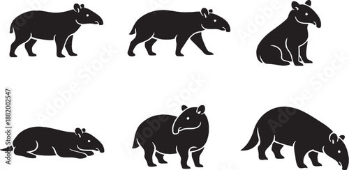 Tapir Unique Body Shape Silhouette Set Black and White