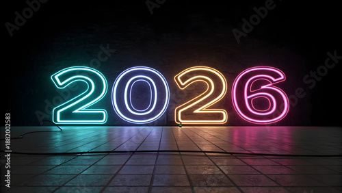 Neon lights displaying the year twenty twenty six on a dark background with a tiled floor