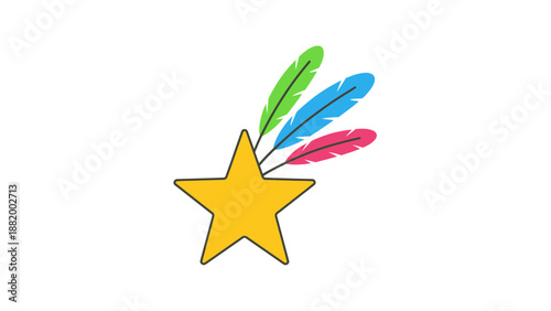 A simple illustration of a yellow star with colorful feathers on a white background.
