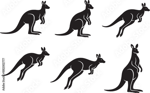 Kangaroo silhouette muscular hind leg pose set black and white line art