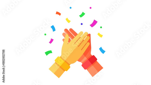 Flat design illustration of two hands high-fiving with colorful confetti on a white background, conveying a celebratory mood.