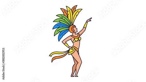 Illustration of a woman wearing a colorful feathered headdress and bikini, posing with her arm raised in a dynamic dance position against a plain white background.