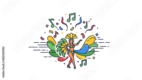 Vibrant illustration of a dancing figure surrounded by colorful music notes and abstract shapes on a white background with a lively and playful mood.
