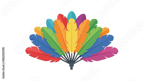 A colorful illustration of a fan made of multicolored feathers against a white background with a flat lay composition and vibrant mood.