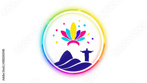 Vibrant circular logo featuring Christ the Redeemer and Sugarloaf Mountain with colorful fireworks exploding in a rainbow gradient on a white background.