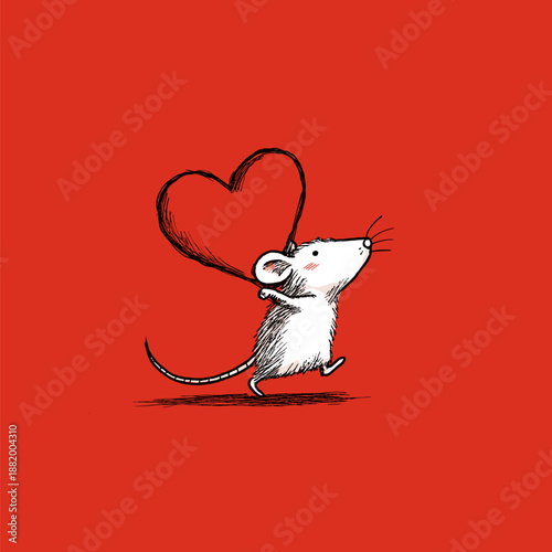 Cartoon gray rat running with a large red heart on a solid red background. Cute gray rat carrying red heart running