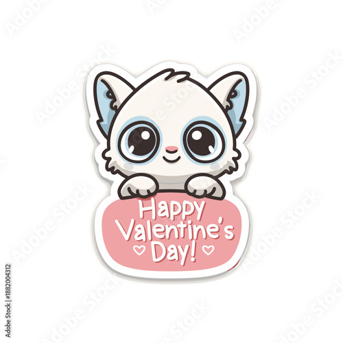 Cute cartoon animal holding a pink sign for Valentine's Day celebration. Cute big-eyed animal delivering Happy Valentine's Day message